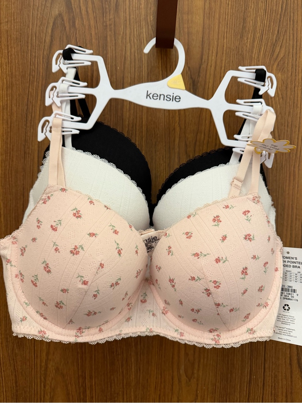 Kensie Pink Floral Padded Bra with Lace Trim and black and white 3 Bras